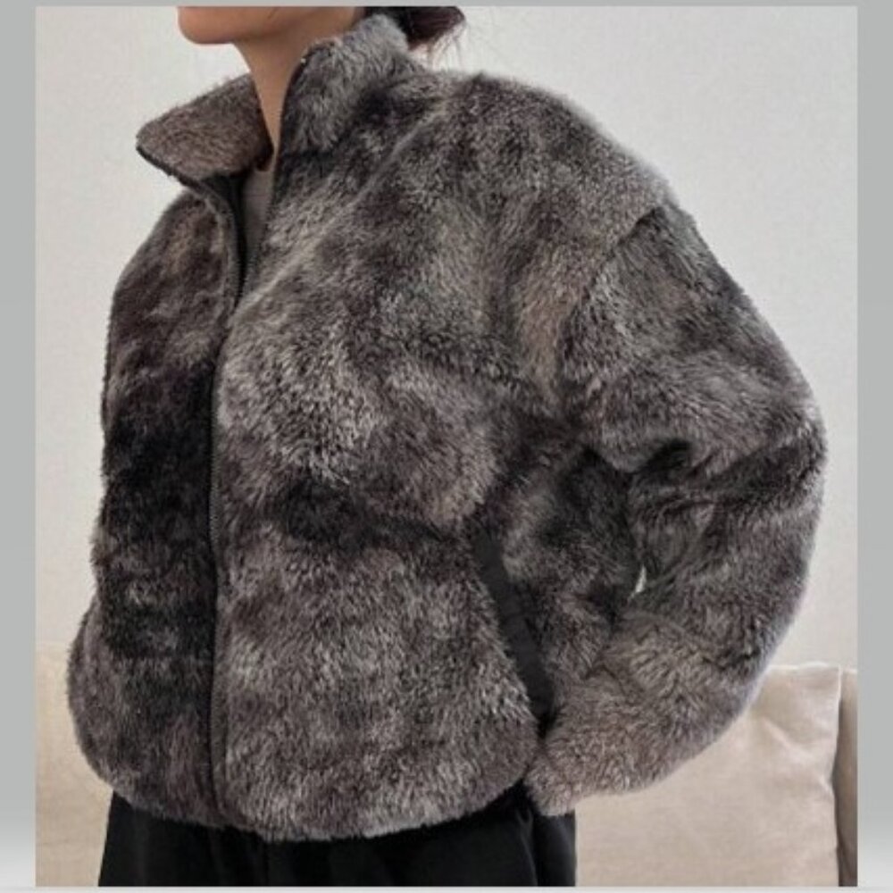 Grey Furry Loose Fit Bomber Jacket